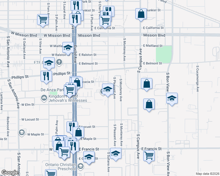 map of restaurants, bars, coffee shops, grocery stores, and more near 1377 South Sultana Avenue in Ontario