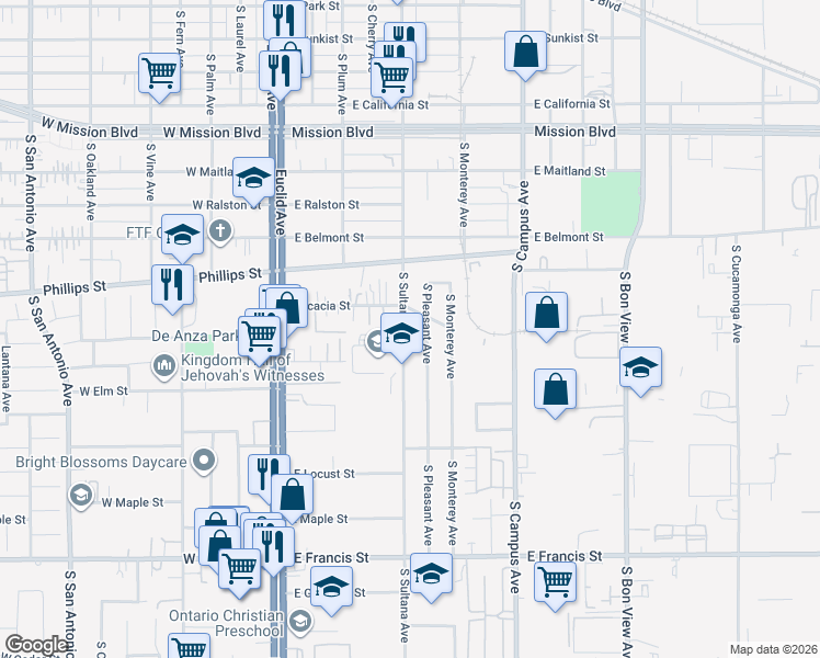 map of restaurants, bars, coffee shops, grocery stores, and more near 1377 South Sultana Avenue in Ontario