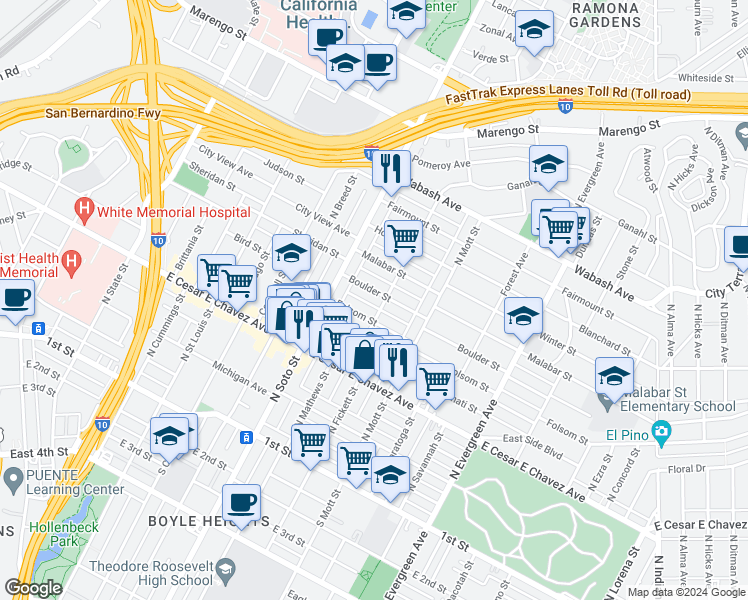 map of restaurants, bars, coffee shops, grocery stores, and more near 2451 Boulder Street in Los Angeles