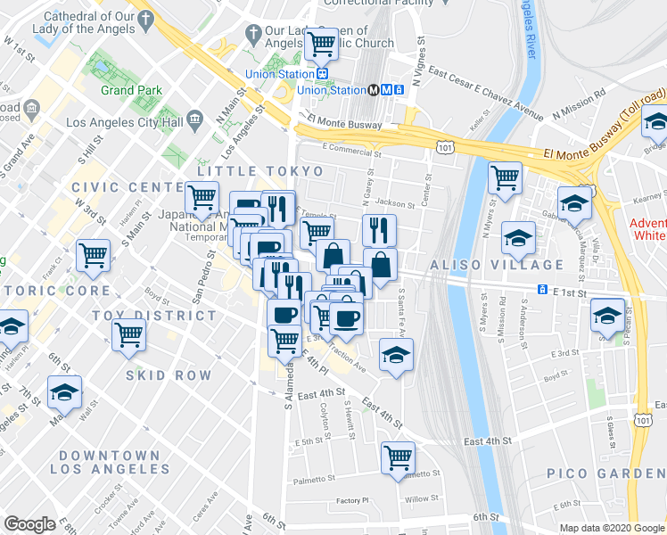 map of restaurants, bars, coffee shops, grocery stores, and more near in Los Angeles