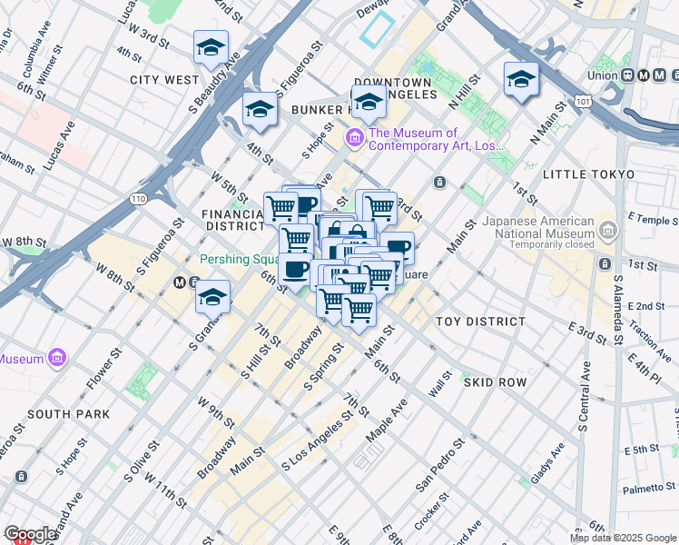 map of restaurants, bars, coffee shops, grocery stores, and more near 215 West 5th Street in Los Angeles