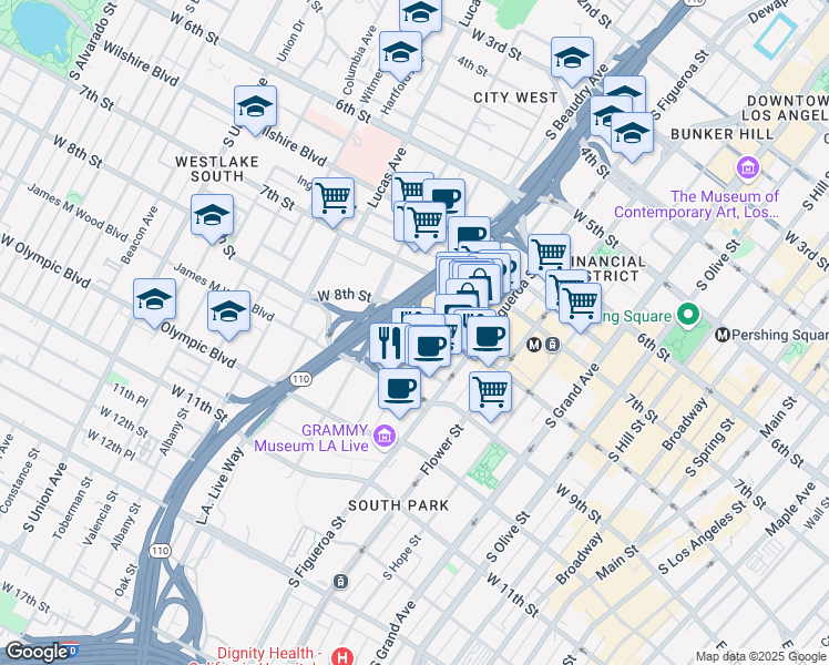 map of restaurants, bars, coffee shops, grocery stores, and more near 801 Francisco Street in Los Angeles