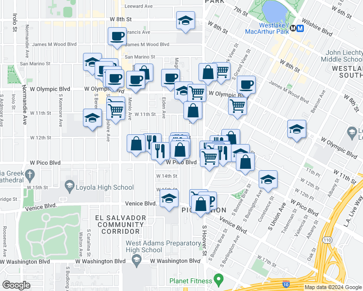 map of restaurants, bars, coffee shops, grocery stores, and more near 1221 Arapahoe Street in Los Angeles