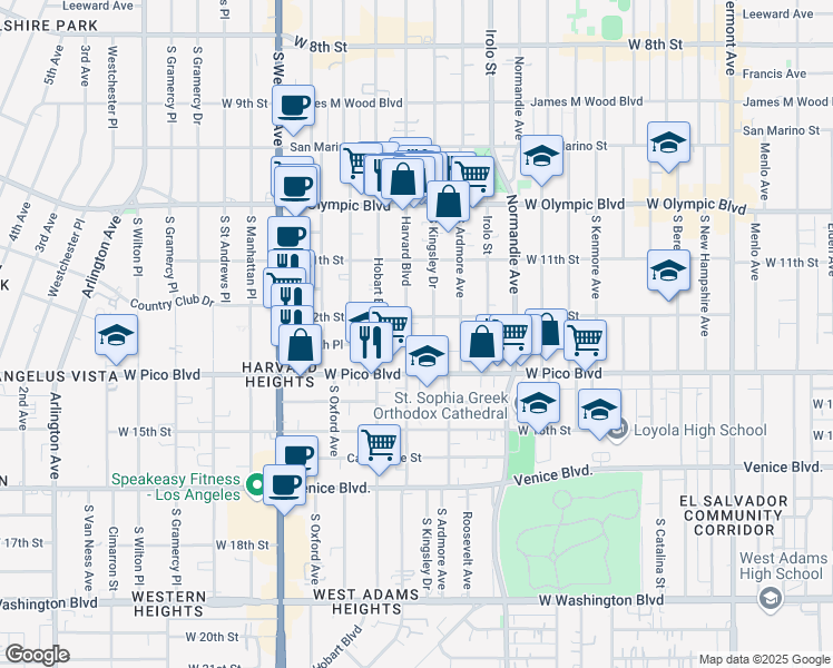 map of restaurants, bars, coffee shops, grocery stores, and more near 1219 South Kingsley Drive in Los Angeles