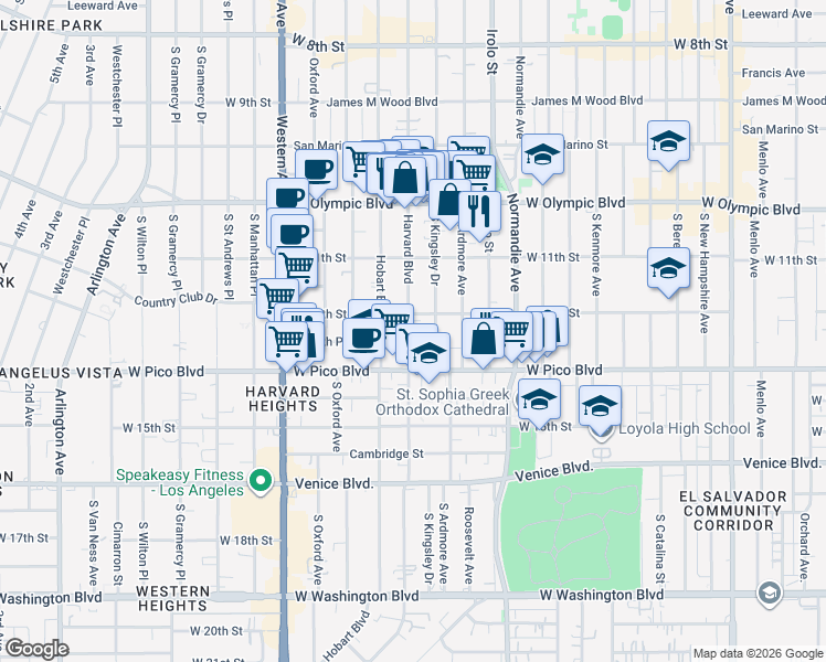 map of restaurants, bars, coffee shops, grocery stores, and more near 1219 South Kingsley Drive in Los Angeles