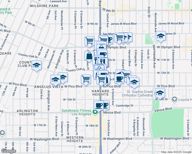 map of restaurants, bars, coffee shops, grocery stores, and more near 1233 South Western Avenue in Los Angeles