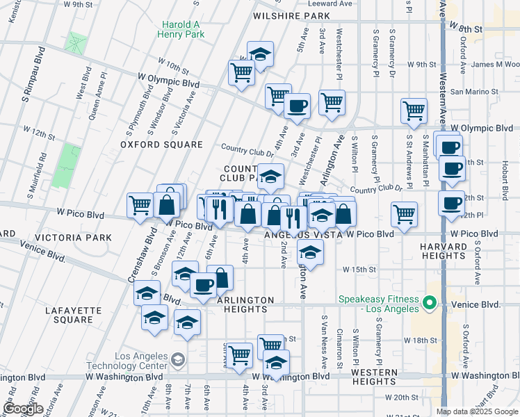 map of restaurants, bars, coffee shops, grocery stores, and more near 1253 3rd Avenue in Los Angeles
