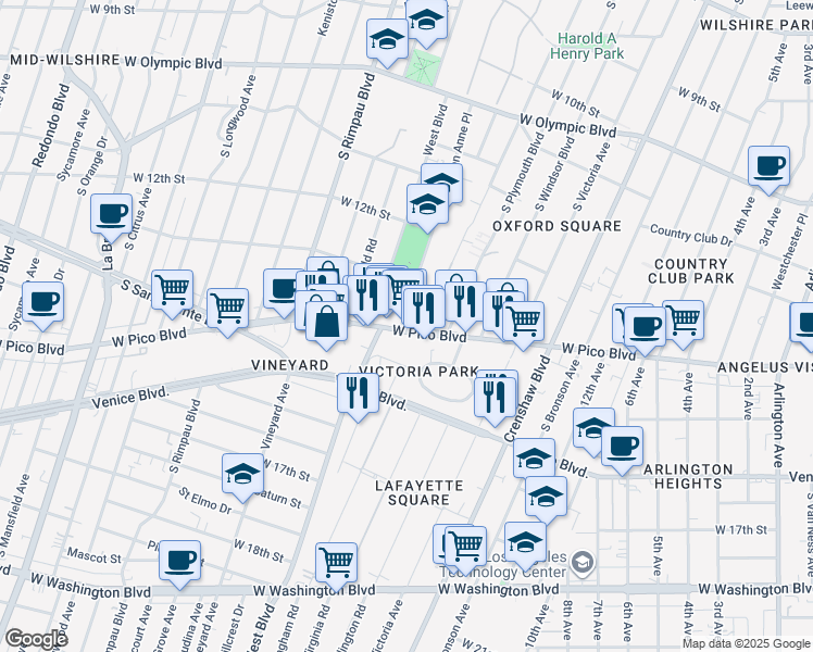 map of restaurants, bars, coffee shops, grocery stores, and more near 4455 West Pico Boulevard in Los Angeles