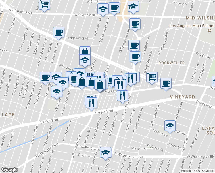 map of restaurants, bars, coffee shops, grocery stores, and more near 1354 South Redondo Boulevard in Los Angeles