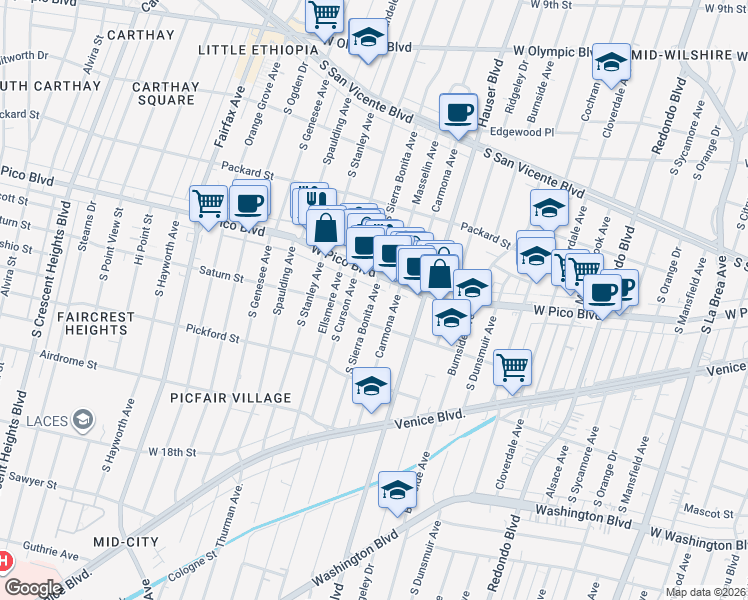 map of restaurants, bars, coffee shops, grocery stores, and more near 1426 South Sierra Bonita Avenue in Los Angeles