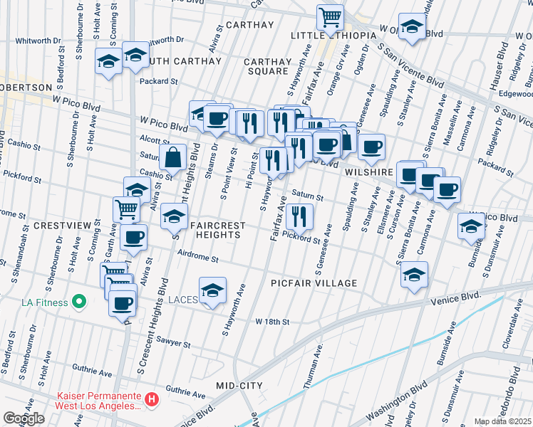 map of restaurants, bars, coffee shops, grocery stores, and more near 1546 South Hayworth Avenue in Los Angeles