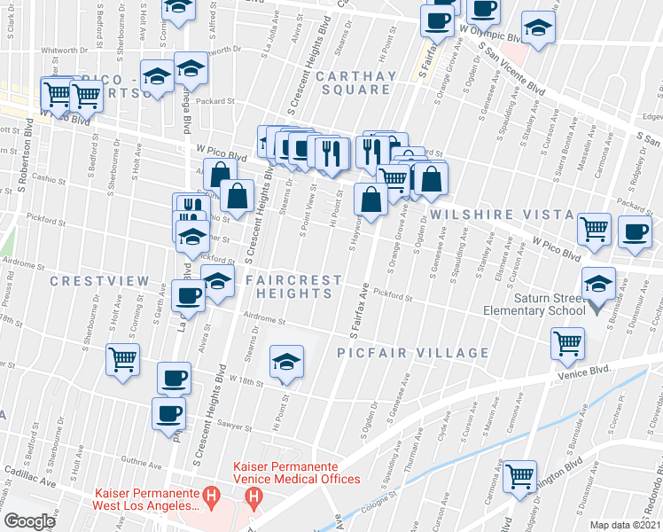 map of restaurants, bars, coffee shops, grocery stores, and more near 1550 Hi Point Street in Los Angeles