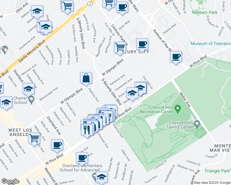 map of restaurants, bars, coffee shops, grocery stores, and more near in Los Angeles