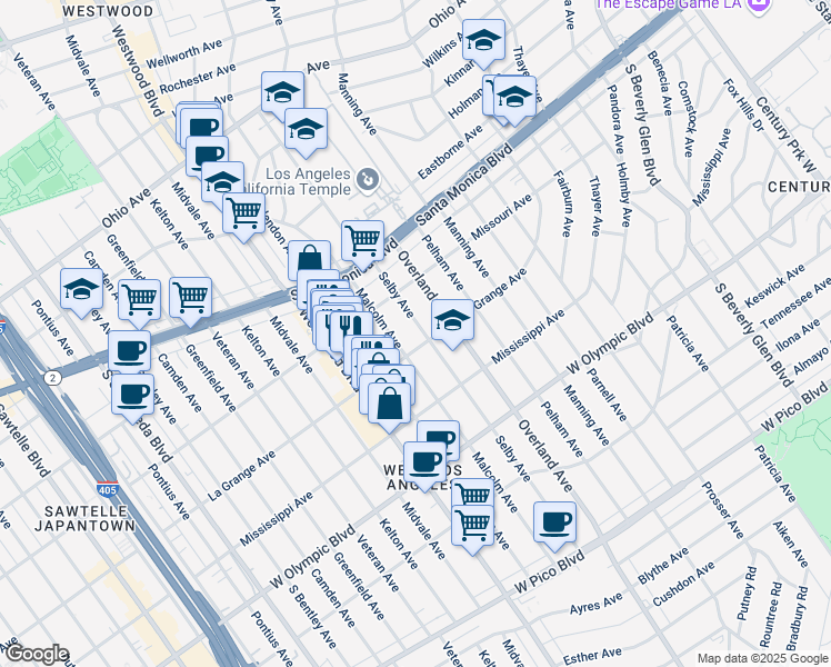 map of restaurants, bars, coffee shops, grocery stores, and more near 1940 Malcolm Avenue in Los Angeles