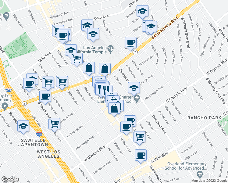 map of restaurants, bars, coffee shops, grocery stores, and more near 1912 Glendon Avenue in Los Angeles