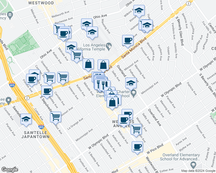 map of restaurants, bars, coffee shops, grocery stores, and more near 1912 Glendon Avenue in Los Angeles