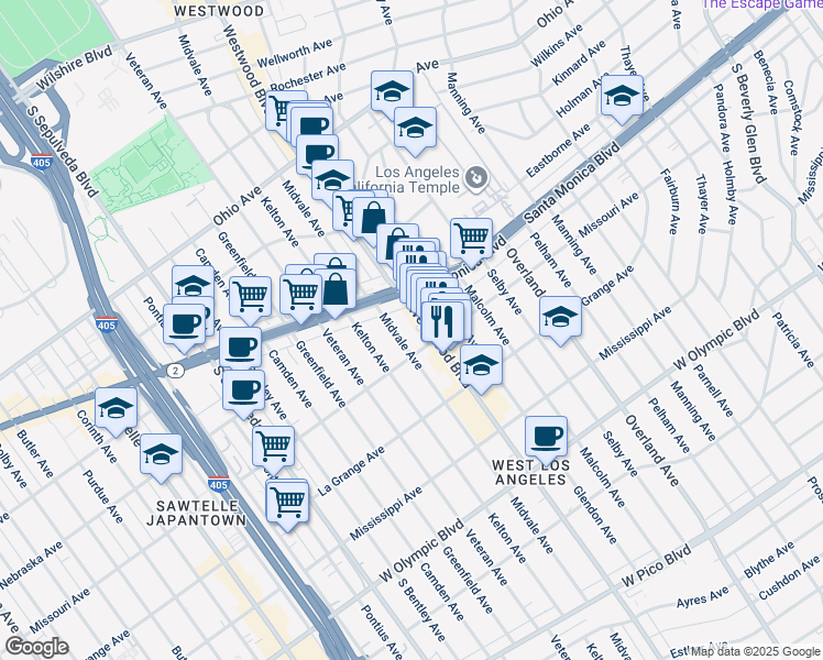 map of restaurants, bars, coffee shops, grocery stores, and more near 1844 Midvale Avenue in Los Angeles