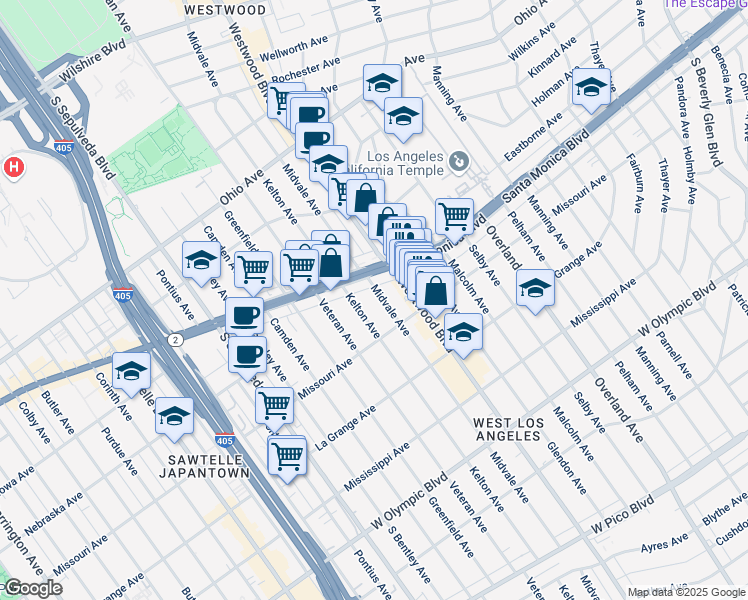 map of restaurants, bars, coffee shops, grocery stores, and more near 1844 Midvale Avenue in Los Angeles