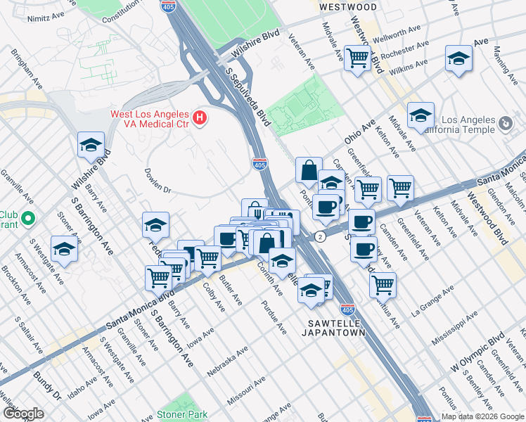 map of restaurants, bars, coffee shops, grocery stores, and more near 1511 Beloit Avenue in Los Angeles