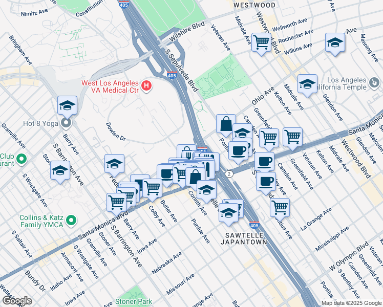 map of restaurants, bars, coffee shops, grocery stores, and more near 1511 Beloit Avenue in Los Angeles
