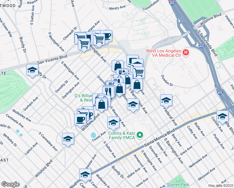 map of restaurants, bars, coffee shops, grocery stores, and more near 11785 Wilshire Boulevard in Los Angeles