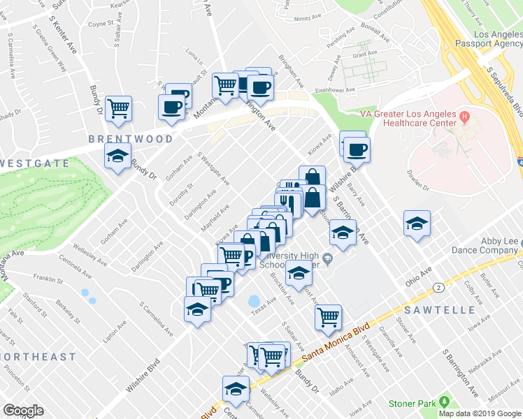 map of restaurants, bars, coffee shops, grocery stores, and more near 11848 Kiowa Avenue in Los Angeles