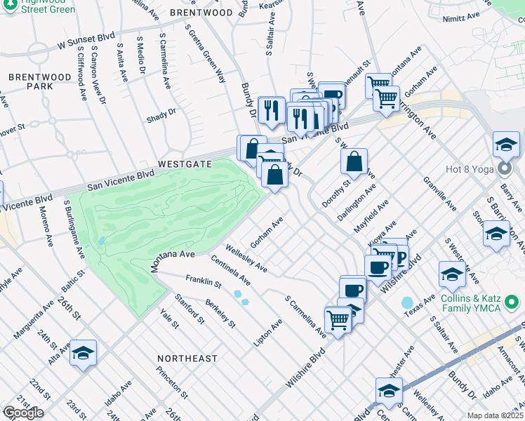 map of restaurants, bars, coffee shops, grocery stores, and more near 12240 Montana Avenue in Los Angeles