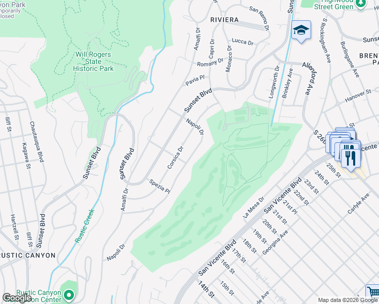map of restaurants, bars, coffee shops, grocery stores, and more near 1125 Napoli Drive in Los Angeles
