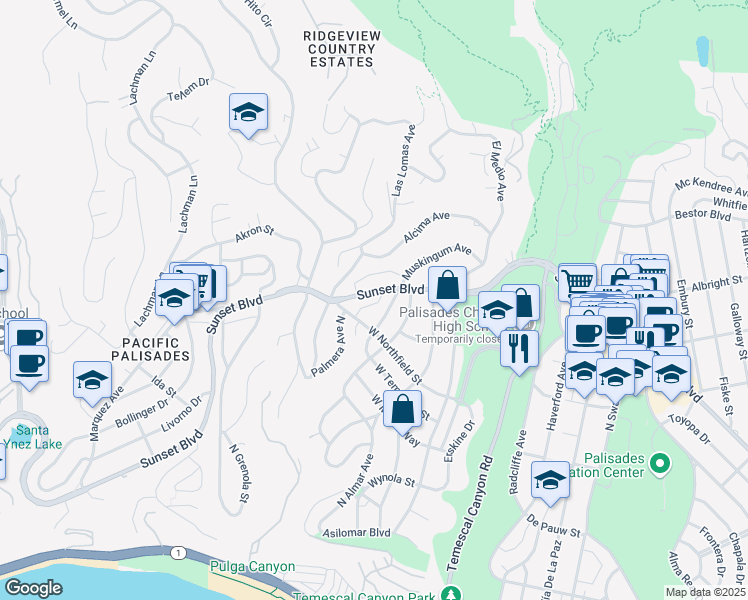 map of restaurants, bars, coffee shops, grocery stores, and more near 16168 Sunset Boulevard in Los Angeles