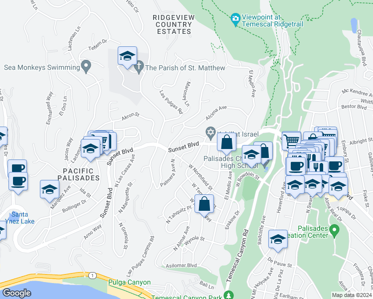 map of restaurants, bars, coffee shops, grocery stores, and more near 16168 Sunset Boulevard in Los Angeles
