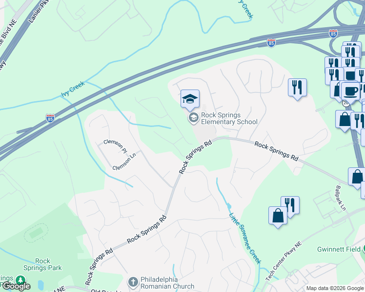 map of restaurants, bars, coffee shops, grocery stores, and more near 828 Rock Springs Road in Lawrenceville