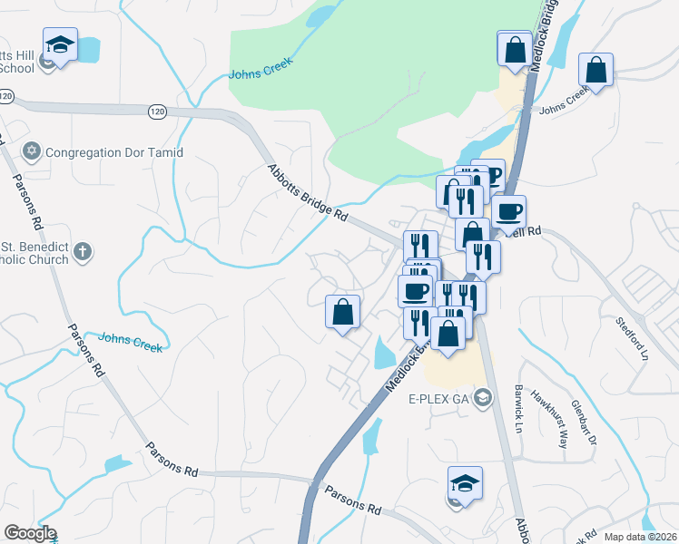 map of restaurants, bars, coffee shops, grocery stores, and more near 6115 Abbotts Bridge Road in Duluth