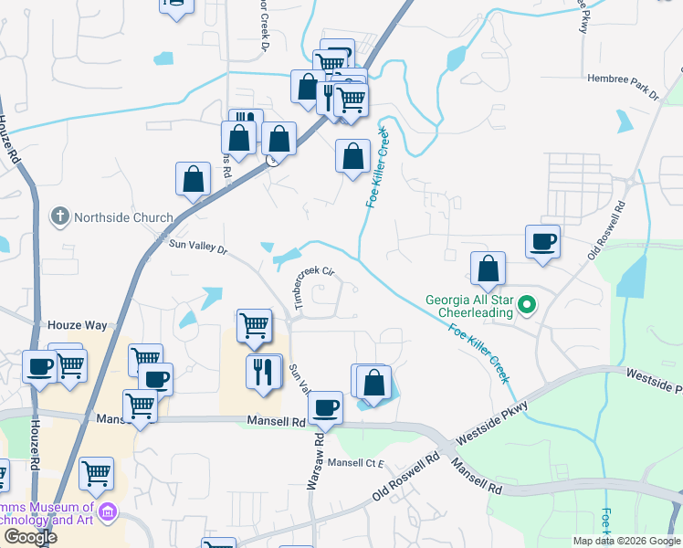 map of restaurants, bars, coffee shops, grocery stores, and more near 3301 Timbercreek Circle in Roswell