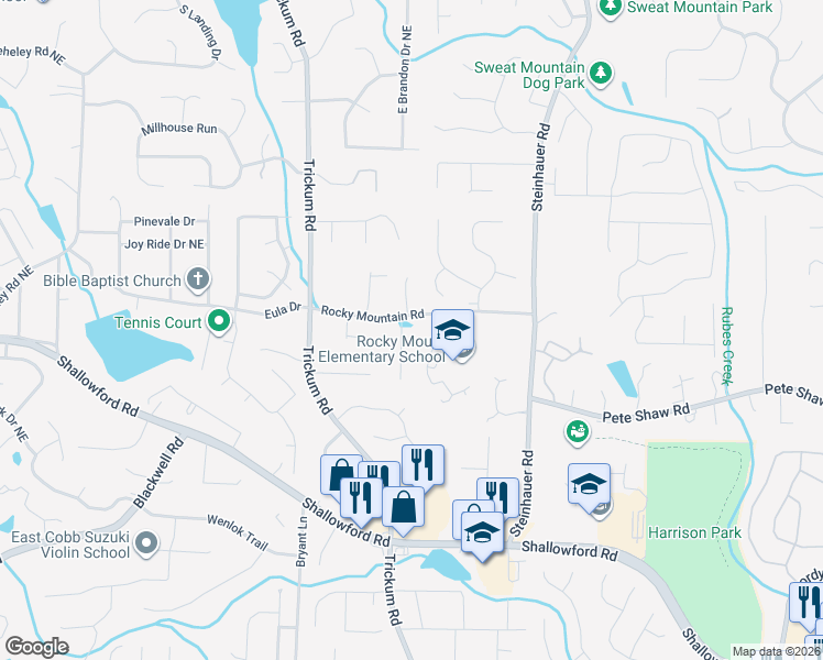 map of restaurants, bars, coffee shops, grocery stores, and more near 4044 Idlewilde Meadows Drive Northeast in Marietta