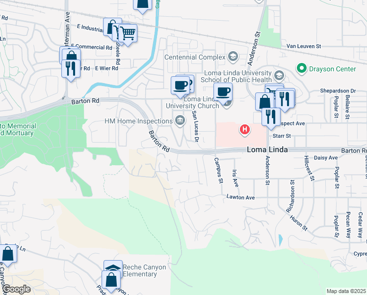 map of restaurants, bars, coffee shops, grocery stores, and more near 11300 San Mateo Drive in Loma Linda