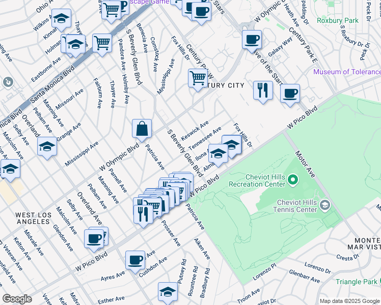 map of restaurants, bars, coffee shops, grocery stores, and more near 2304 South Beverly Glen Boulevard in Los Angeles