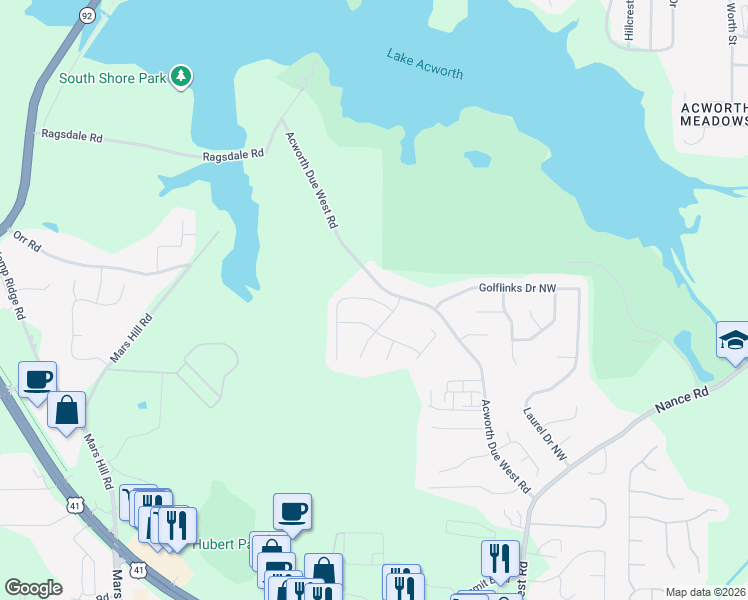 map of restaurants, bars, coffee shops, grocery stores, and more near 4304 Martingale Ln in Acworth
