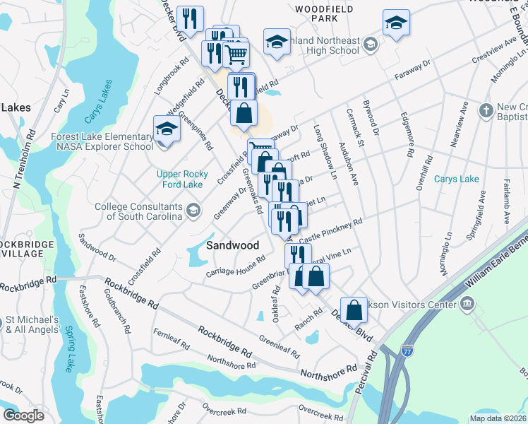 map of restaurants, bars, coffee shops, grocery stores, and more near 1930 Greenoaks Road in Columbia
