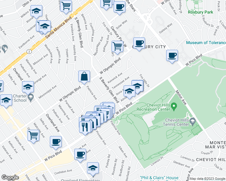 map of restaurants, bars, coffee shops, grocery stores, and more near 2304 South Beverly Glen Boulevard in Los Angeles