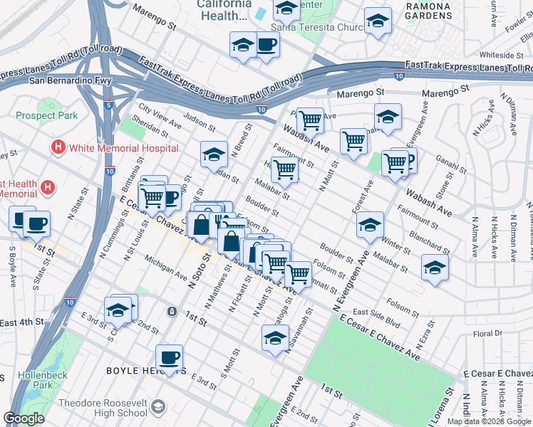 map of restaurants, bars, coffee shops, grocery stores, and more near 2452 Boulder Street in Los Angeles