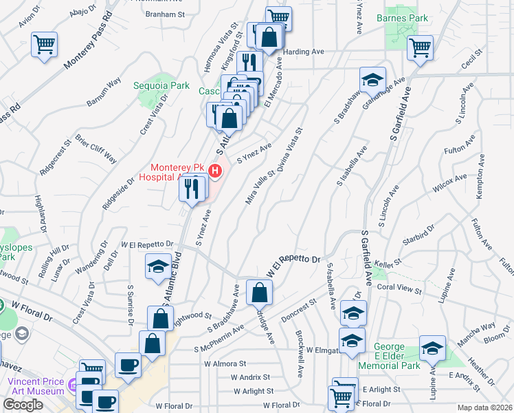 map of restaurants, bars, coffee shops, grocery stores, and more near 927 Divina Vista St in Monterey Park