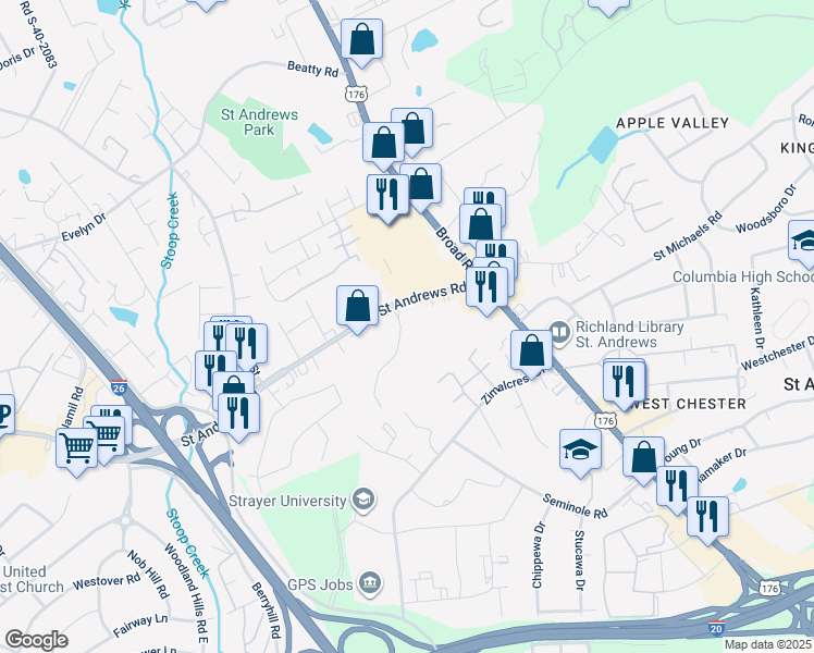 map of restaurants, bars, coffee shops, grocery stores, and more near 1200 Saint Andrews Road in Columbia