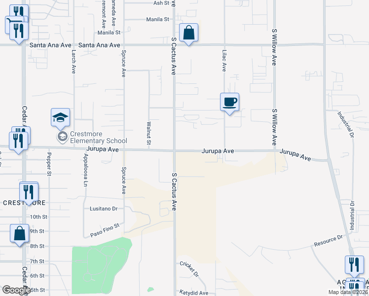 map of restaurants, bars, coffee shops, grocery stores, and more near 19340 Jurupa Avenue in Bloomington