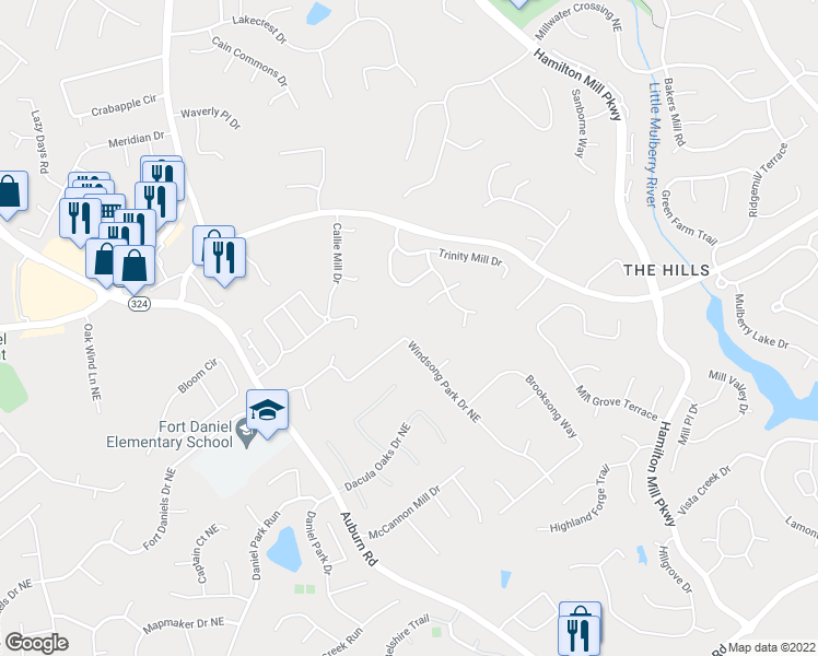 map of restaurants, bars, coffee shops, grocery stores, and more near 1645 Windsong Park Drive Northeast in Dacula