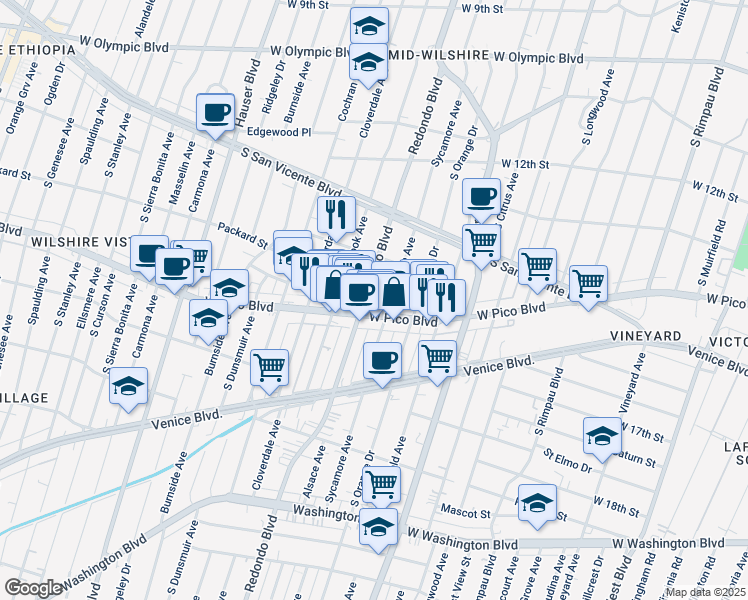 map of restaurants, bars, coffee shops, grocery stores, and more near 1354 South Redondo Boulevard in Los Angeles