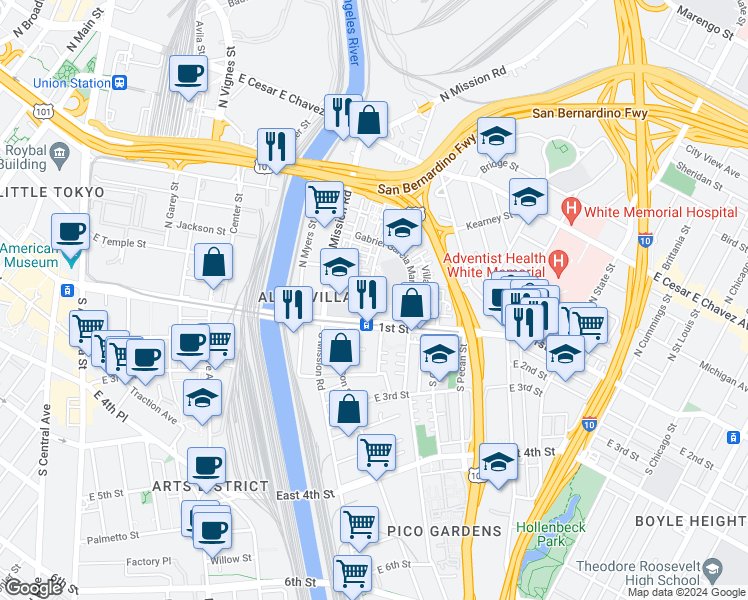 map of restaurants, bars, coffee shops, grocery stores, and more near 1300 Plaza Del Sol East in Los Angeles