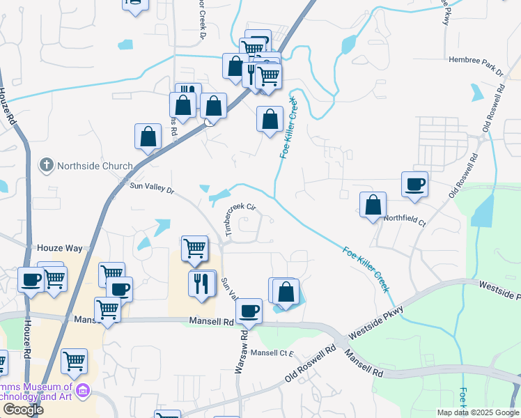 map of restaurants, bars, coffee shops, grocery stores, and more near 3301 Timbercreek Circle in Roswell