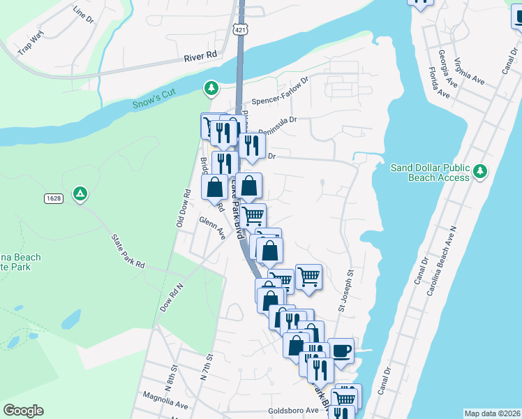 map of restaurants, bars, coffee shops, grocery stores, and more near 407 Risley Road in Carolina Beach