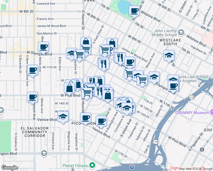 map of restaurants, bars, coffee shops, grocery stores, and more near 1153 South Westlake Avenue in Los Angeles
