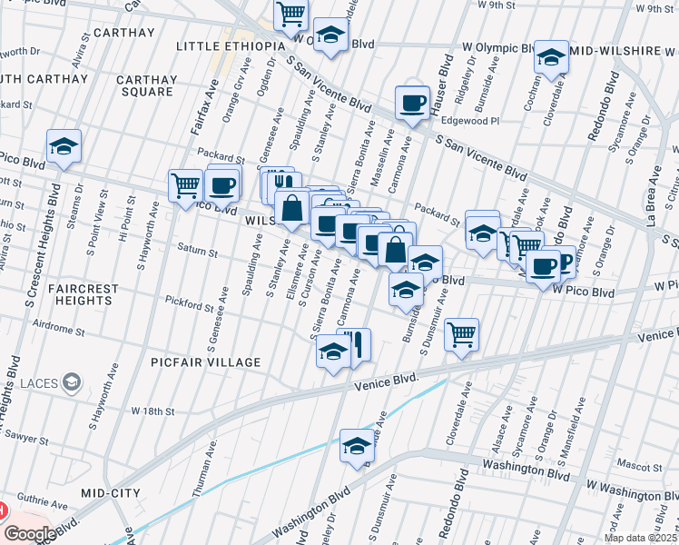 map of restaurants, bars, coffee shops, grocery stores, and more near 1426 South Sierra Bonita Avenue in Los Angeles